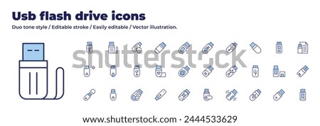 Usb flash drive icons collection. Duo tone style. Editable stroke, pendrive, usbdrive, usb, usbstick, flashdrive, usbflashdrive.