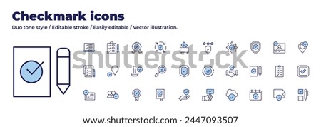 Checkmark icons collection. Duo tone style. Editable stroke, task list, book, check, compatibility, badge, check mark, data protection, stamp, credit card, shield, checked.