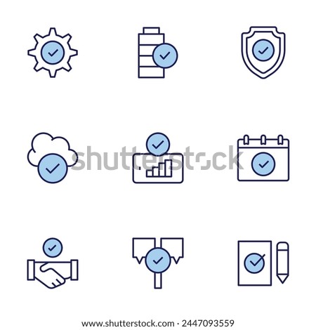 Checkmark icon set. Duo tone icon collection. Editable stroke, cloud computing, calendar, shield, check mark, battery, good signal, answer, deal, ballot.