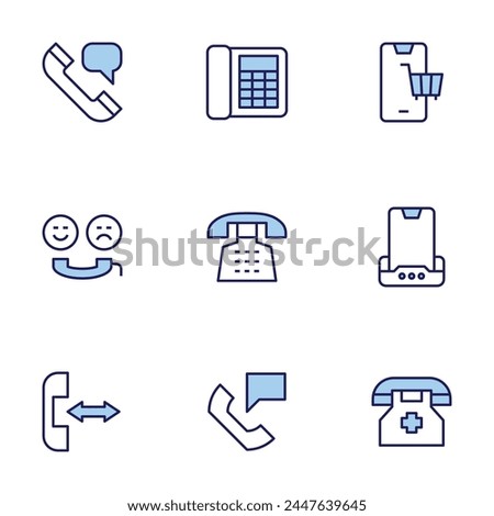 Phone icon set. Duo tone icon collection. Editable stroke, phone, phone call, dock, emergency number, shopping.