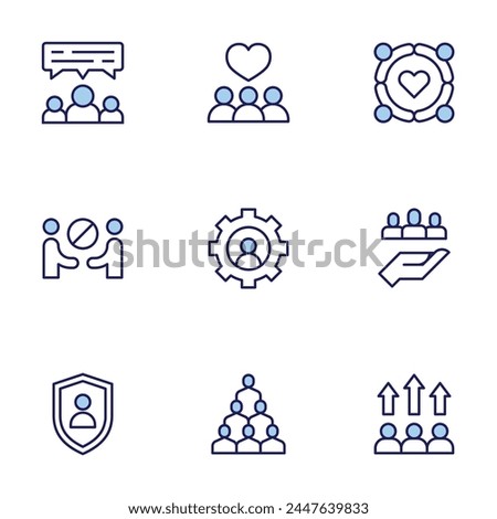 People icon set. Duo tone icon collection. Editable stroke, human rights, chat, gear, people, performance, solidarity, personal security, avoid, heart.