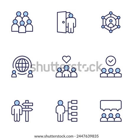 People icon set. Duo tone icon collection. Editable stroke, dismiss, happy, community manager, vote, community, global, career path, group, skills.