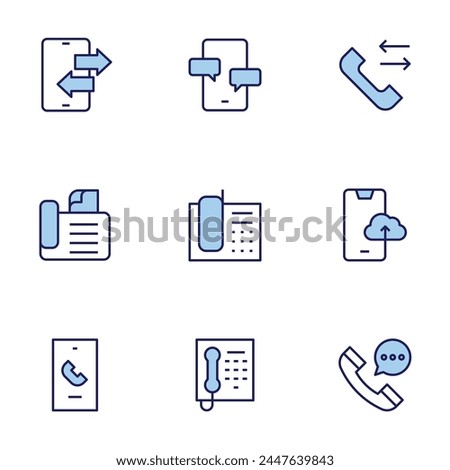 Phone icon set. Duo tone icon collection. Editable stroke, telephone, chat, fax, phone call, uploading, call log, phone.