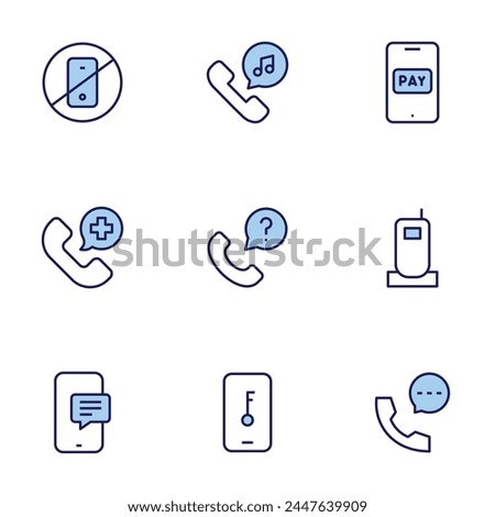 Phone icon set. Duo tone icon collection. Editable stroke, handphone, emergency call, service call, no phone, phone, pay, phone call, lock, music.