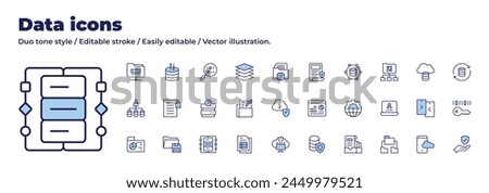 Data icons collection. Duo tone style. Editable stroke, summary secret, save, table, input, data, dashboard, server, cloud computing, cloud, integration, access.