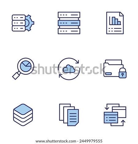 Data icon set. Duo tone icon collection. Editable stroke, search, server, storage, sync, security, interchange, database table, data, stats.