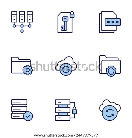 Data icon set. Duo tone icon collection. Editable stroke, data server, encryption, management, cloud sync, server, encrypted, protection, recovery.