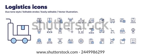 Logistics icons collection. Duo tone style. Editable stroke, logistics, conveyor belt, logistic, shipping, settings, delivery box, hours, scale, drone delivery, packaging.
