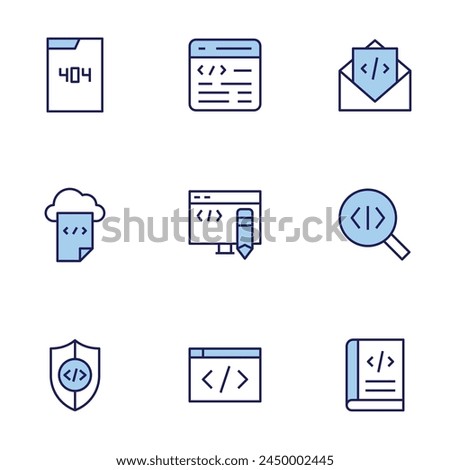 Programming icon set. Duo tone icon collection. Editable stroke, coding, cloud data, shield, error, email, code, edit code, book.