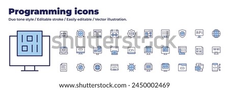 Programming icons collection. Duo tone style. Editable stroke, programming, api, coding, usability, folder, laptop, cpu, file, binary code, global, responsive.