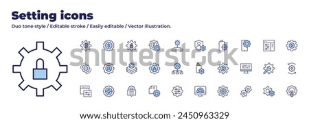 Setting icons collection. Duo tone style. Editable stroke, money management, settings, user, gear, gears, privacy, setting, web settings, power settings, layers, digitalization, idea.