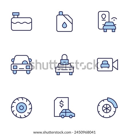 Car icon set. Duo tone icon collection. Editable stroke, petrol, location pin, car loan, locked car, security camera, wheel, car, water tank.