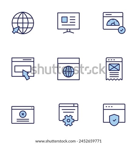 Website icon set. Duo tone icon collection. Editable stroke, content, development, error, online, contact, fast, web security, global.