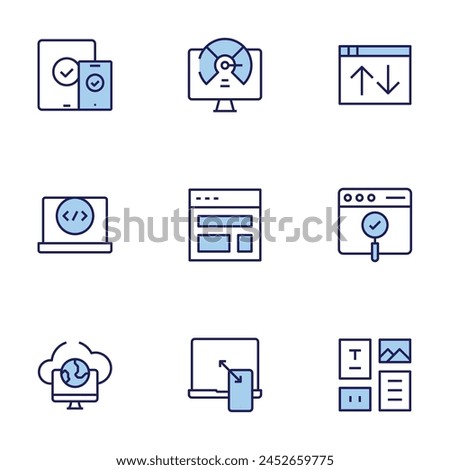 Website icon set. Duo tone icon collection. Editable stroke, remote access, fast speed, usability, web design, responsive, layout, web traffic, coding.
