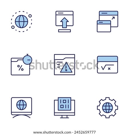 Website icon set. Duo tone icon collection. Editable stroke, flash sale, web browser, localization, globe, insert, expand, binary code, warning, maths.