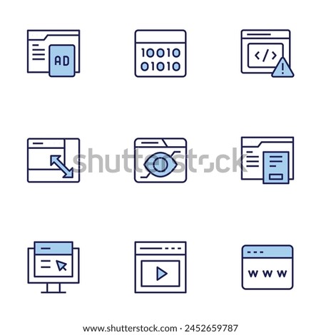 Website icon set. Duo tone icon collection. Editable stroke, improvement, view, browser, coding, resize, video, binary code.