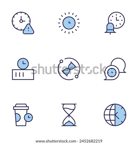 Time icon set. Duo tone icon collection. Editable stroke, hourglass, process, sun, charging, coffee time, expired, time, management, zone.