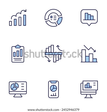 Statistics icon set. Duo tone icon collection. Editable stroke, analysis, analytics, bar chart, clipboard, comparison, pie chart.