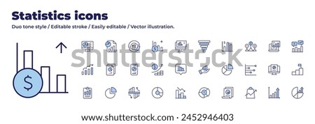Statistics icons collection. Duo tone style. Editable stroke, analytics, bar chart, clipboard, comparison, data, growth, pie chart, files, infographics, investment.