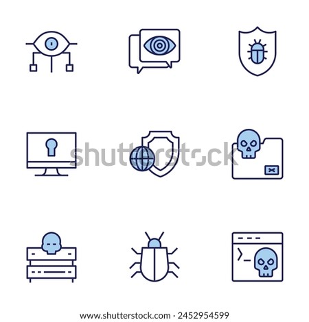 Cyber security icon set. Duo tone icon collection. Editable stroke, folder, lock, server, shield, spyware, terminal, virus.