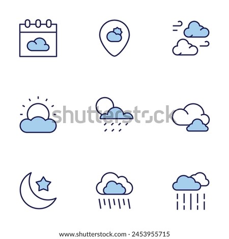 Weather icon set. Duo tone icon collection. Editable stroke, calendar, cloudy, moon, cloud, rain.