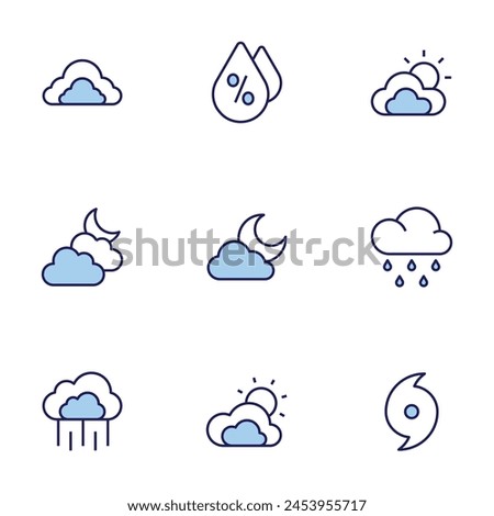 Weather icon set. Duo tone icon collection. Editable stroke, cloudy, hurricane, rain, clouds, cloudy night, humidity.