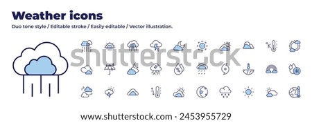 Weather icons collection. Duo tone style. Editable stroke, moon phase, storm, temperature, umbrella, hurricane, rain, cloud, clouds, cloudy, cloudy night, humidity.