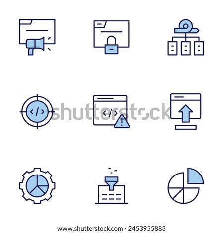 Seo icon set. Duo tone icon collection. Editable stroke, analytics, browser, coding, filter, framework, insert, pie chart.