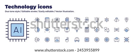 
Technology icons collection. Duo tone style. Editable stroke, 3d viewer, artificial intelligence, brain, cloud, database, eye scanner, new technologies, app, coding.