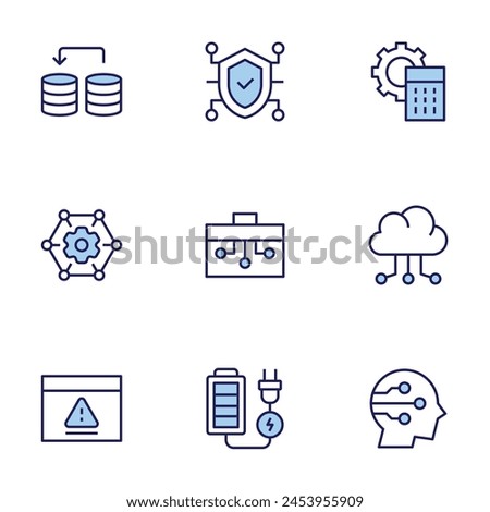 Technology icon set. Duo tone icon collection. Editable stroke, data, error, network, rechargeable, security, toolbox, artificial intelligence, calculator, cloud server.