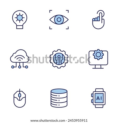Technology icon set. Duo tone icon collection. Editable stroke, database, eye scanner, new technologies, settings, smartwatch, touch, computer mouse, gear, iot.