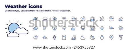 Weather icons collection. Duo tone style. Editable stroke, acid rain, bad weather, bright, calendar, cloudy, defrost, moon, thermometer, thunder, weather.