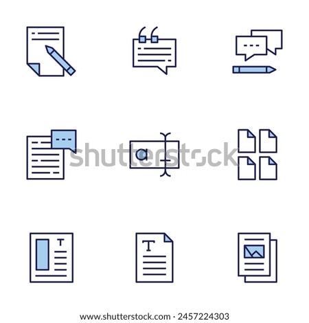 Text icon set. Duo tone icon collection. Editable stroke, answer, document, files, text box, text file, validation, chat, copywriting, graphic design.