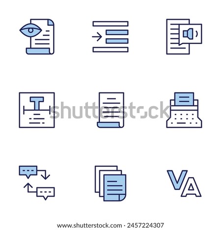 Text icon set. Duo tone icon collection. Editable stroke, proof reading, sequence, text, tracking, typewriter, right indent, speech, text to speech, sheet.