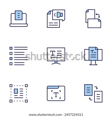 Text icon set. Duo tone icon collection. Editable stroke, blog, copy, list, select, text, text editor, text to speech, laptop, orientation.
