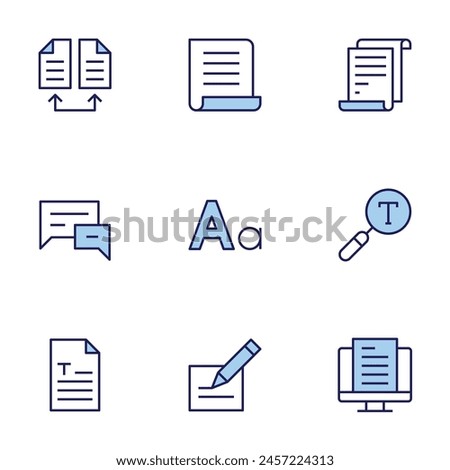 Text icon set. Duo tone icon collection. Editable stroke, compare, document, font, paper, search, text, text message, writing.