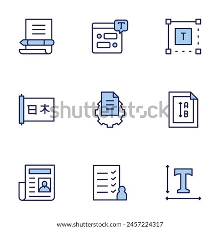 Text icon set. Duo tone icon collection. Editable stroke, newspaper, letter, scroll, text, text box, vertical, chat box, file, guest list.