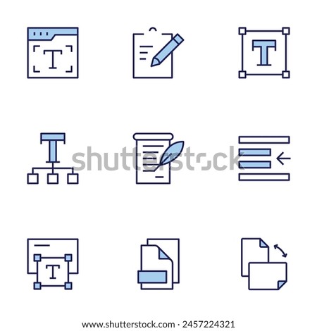 Text icon set. Duo tone icon collection. Editable stroke, announcement, clipboard, files, left indent, orientation, text, text editor, typography.