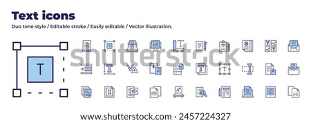 Text icons collection. Duo tone style. Editable stroke, tracking, typewriter, right indent, speech, text to speech, sheet, archive, document, text, text box, vertical.