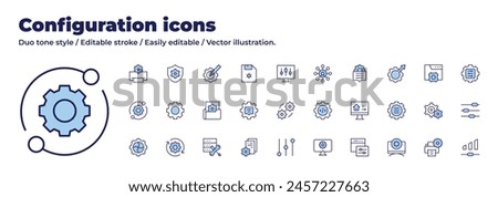 Configuration icons collection. Duo tone style. Editable stroke, configuration, development, folder, computer, gears, printer, settings, chat, diskette, gear, security.