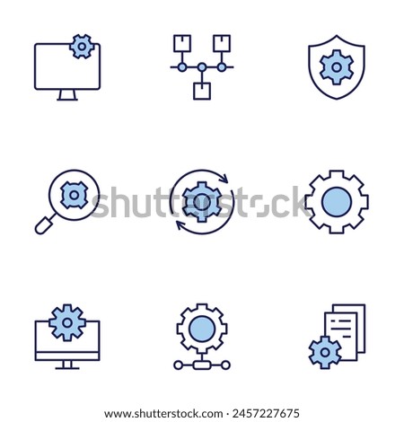 Configuration icon set. Duo tone icon collection. Editable stroke, gear, integration, monitor, setting, security, settings, system update, timeline.