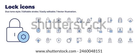 Lock icons collection. Duo tone style. Editable stroke, document, lock, access, file, locked card, padlock, shop, locked, cyber security, heart lock.