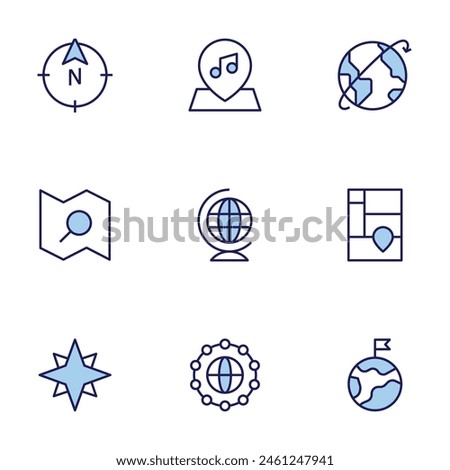 Map icon set. Duo tone icon collection. Editable stroke, global network, north, placeholder, search, treemap chart, visiting, winds star, world, worldwide.