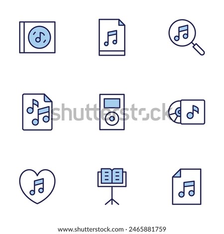 Music icon set. Duo tone icon collection. Editable stroke, music, album, file, music player, stand, score, search.