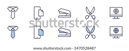 Office icons. Duotone style. Line style. Editable stroke. Vector illustration, file, scissors, computer, tie, stapler.