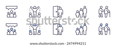 People icons. Duotone style. Line style. Editable stroke. Vector illustration, old man, dismiss, group chat, famous, age group.