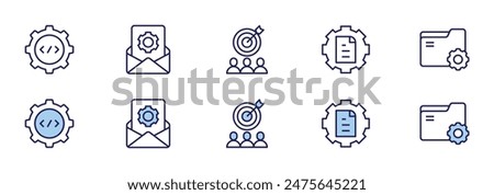 Management icons. Duotone style. Line style. Editable stroke. Vector illustration, folder, coding, target, email, content management.