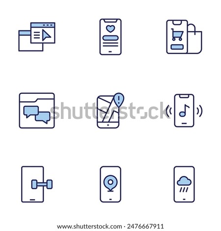 Application icon set. Duo tone icon collection. Editable stroke, app, apps, chat, fitness app, gps, mobile app, online shopping, phone, smartphone.