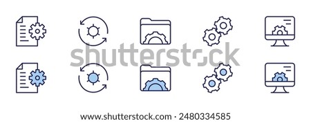 Setting icons. Duotone style. Line style. Editable stroke. Vector illustration, gears, document, folder, settings, exchange.