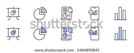 Statistics icons. Duotone style. Line style. Editable stroke. Vector illustration, smartphone, pie chart, presentation, file, bar chart.